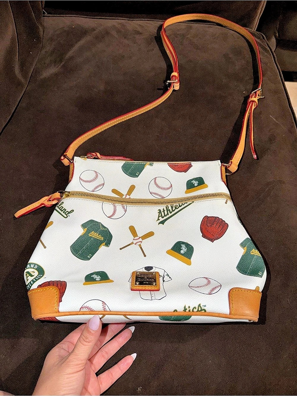 Dooney & Bourke MLB Athletics Top Zip Crossbody in White & Brown